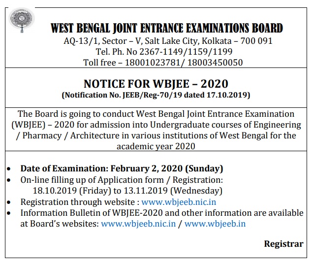 WBJEE 2020 NOTICE FOR ADMISSION